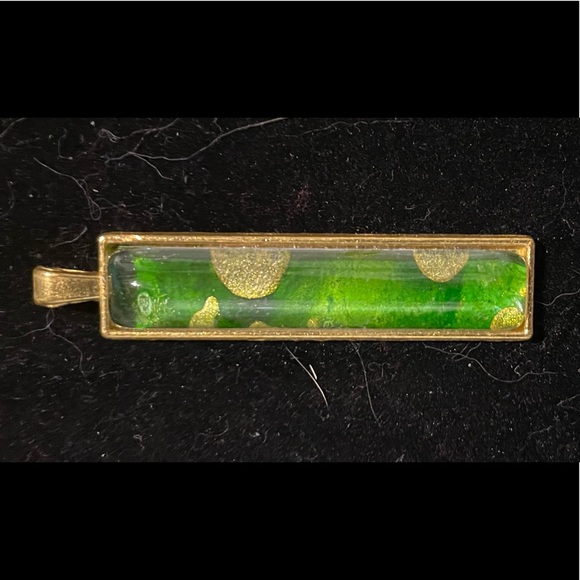 Hand-painted Green & Gold Alcohol Ink Art Under Domed Glass in Goldtone Setting - Picture 1 of 4